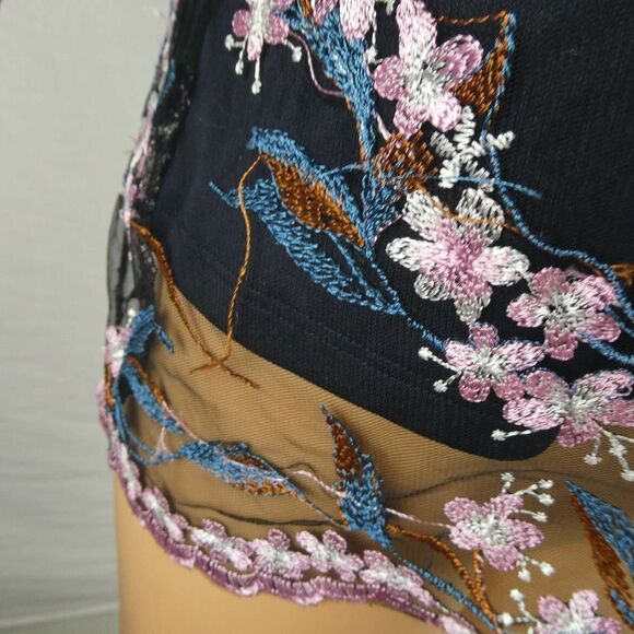 Nanette Lepore Floral Embroidery Embroidered Sheer Overlay Lined Blouse Navy Sm - Picture 5 of 10